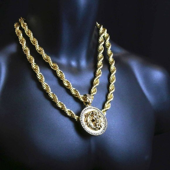 14k Gold Lion Chain + Pendant + Rope Chain - Picture 1 of 4
